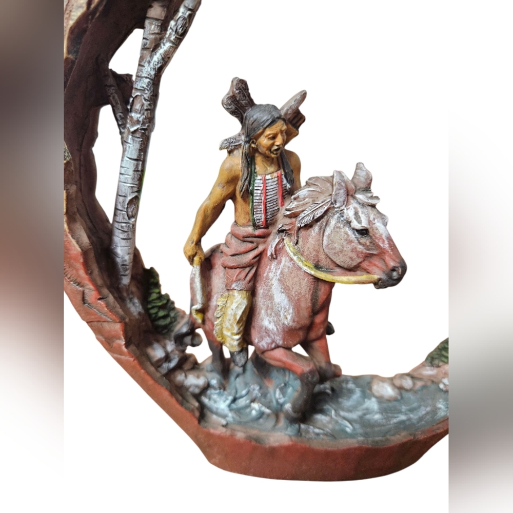 Resin Native American Indian Warrior On Horse Howling wolf sculpture Pottery 9" - Picture 2 of 11